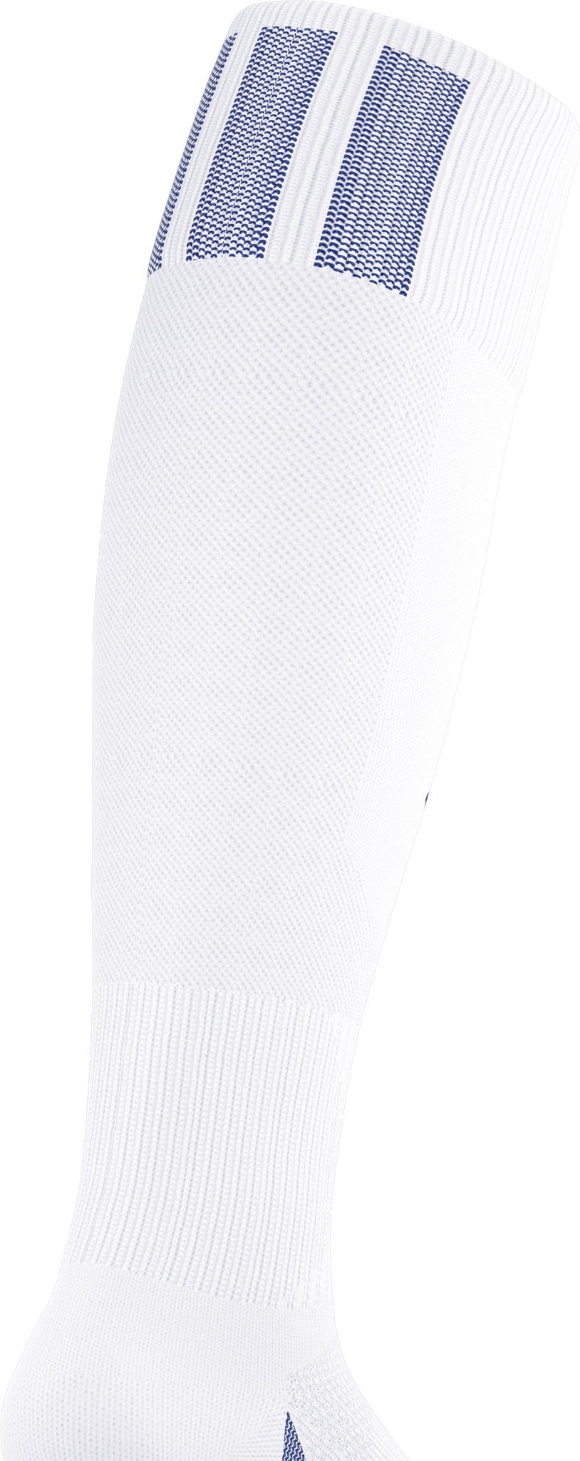 White knee-high athletic sock with three blue stripes at the ribbed top cuff, set against a black background.