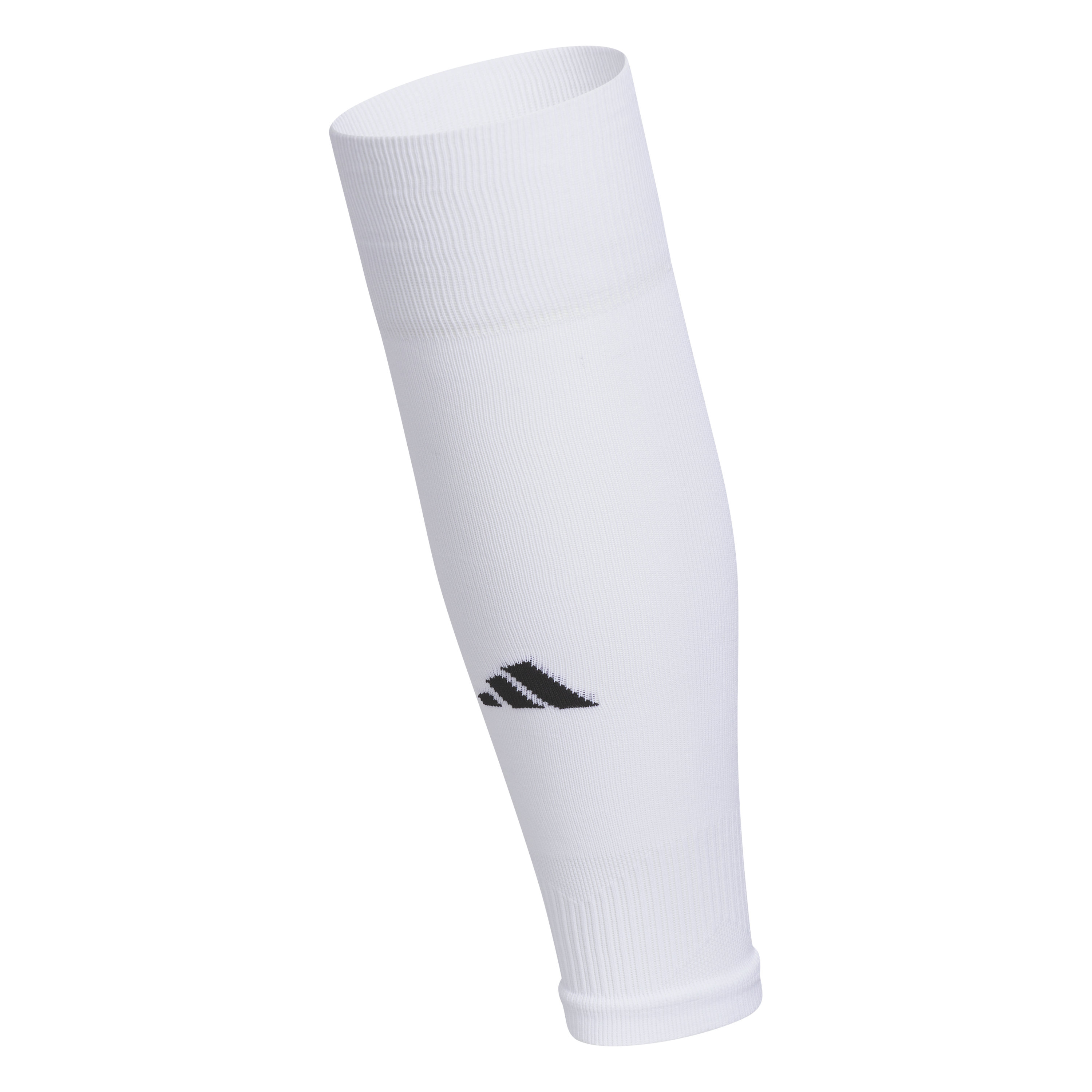 A white Adidas lower leg sleeve featuring a black logo on the front, shown as if worn on a mannequin leg.