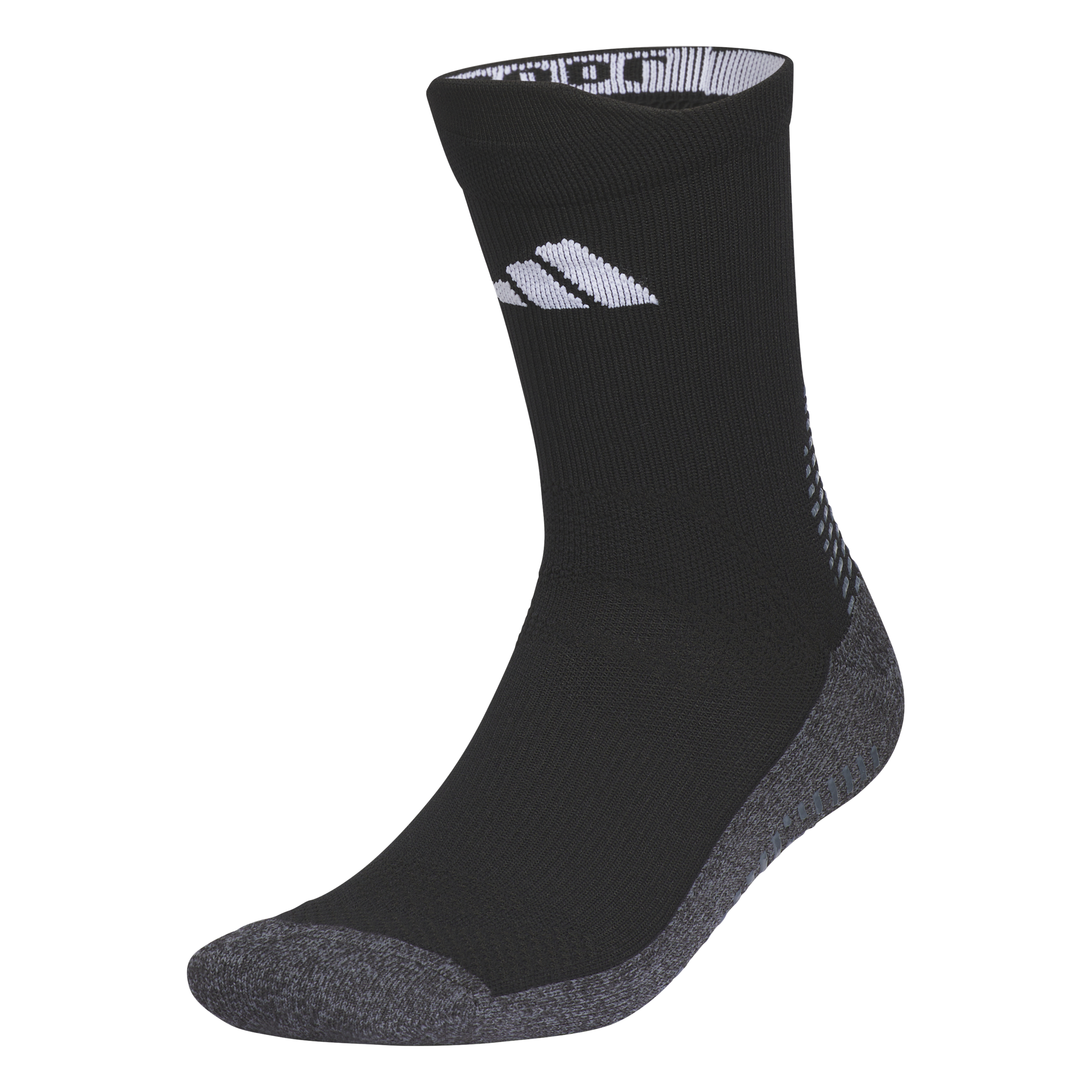 A black crew-length athletic sock with a white mountain logo and grey cushioned heel and toe sections.