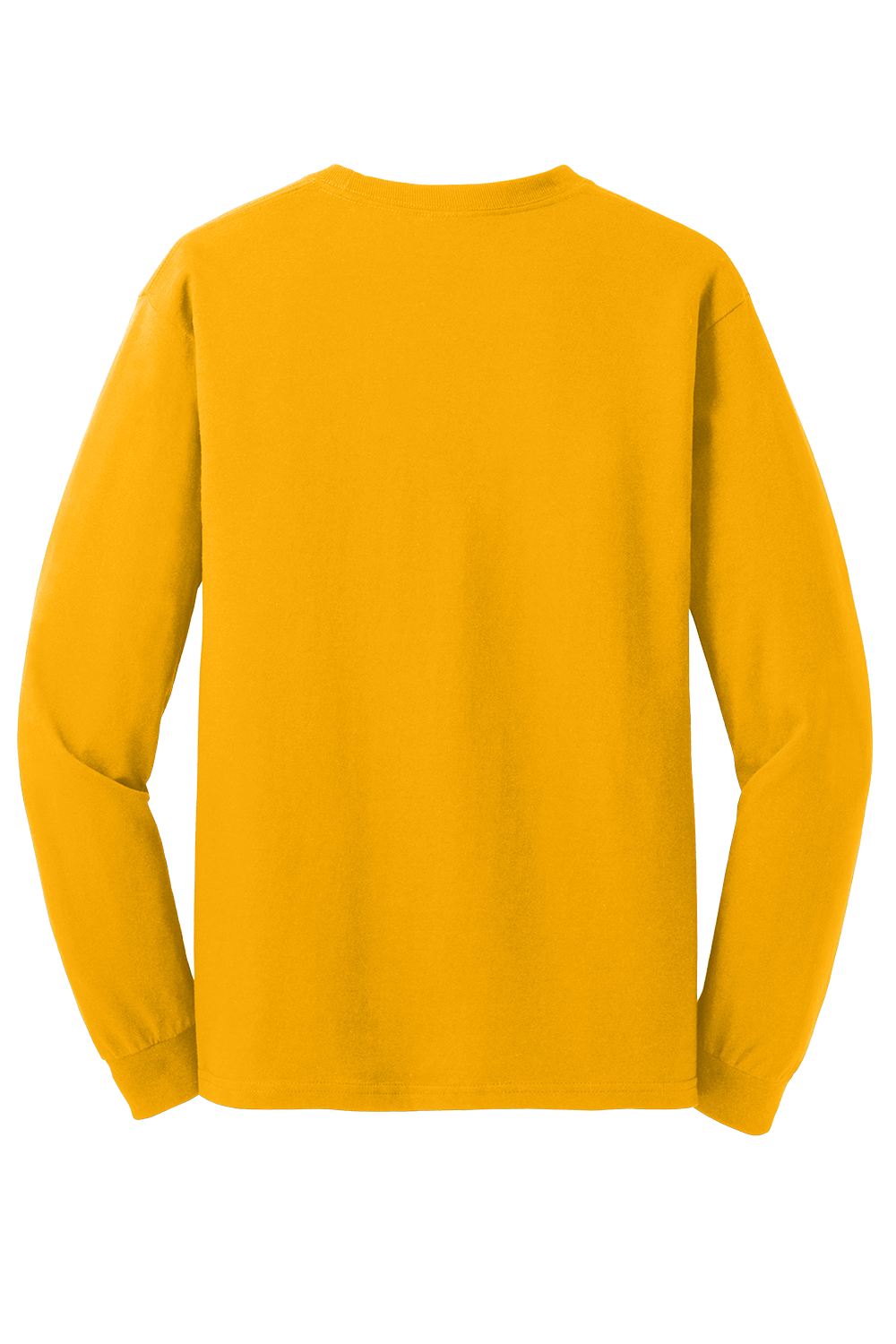 Back view of a plain, golden-yellow long-sleeve crewneck shirt.