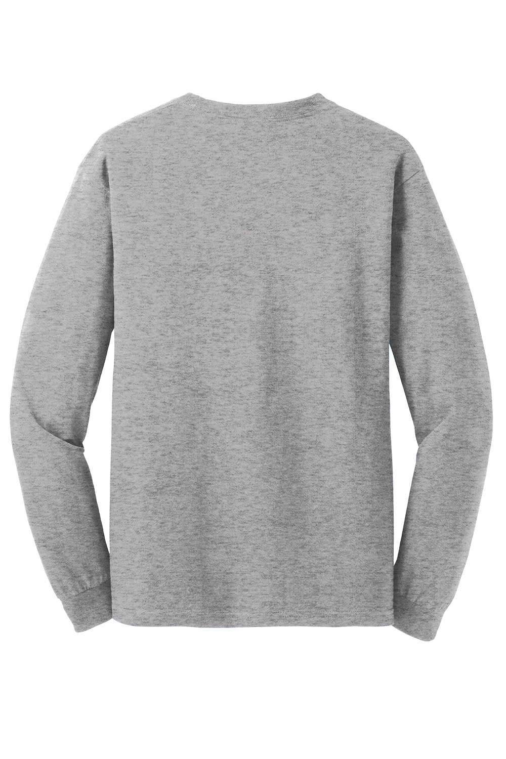 Back view of a light grey heather long-sleeved t-shirt with ribbed cuffs, shown against a white background.