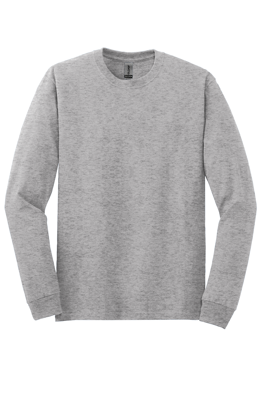 A heather grey long-sleeved crewneck t-shirt with ribbed cuffs, shown from the front against a white background.