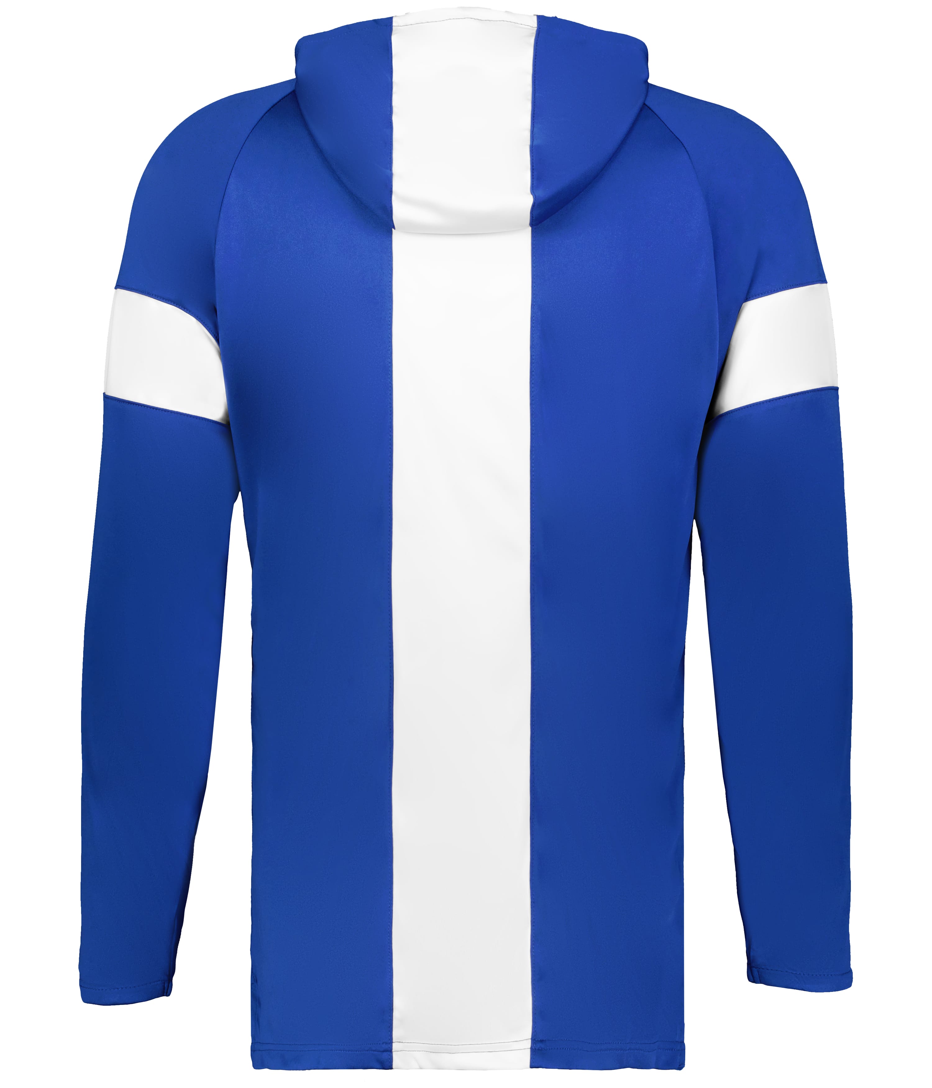 Back view of a blue hoodie with a wide vertical white stripe down the center and horizontal white bands on the upper sleeves.