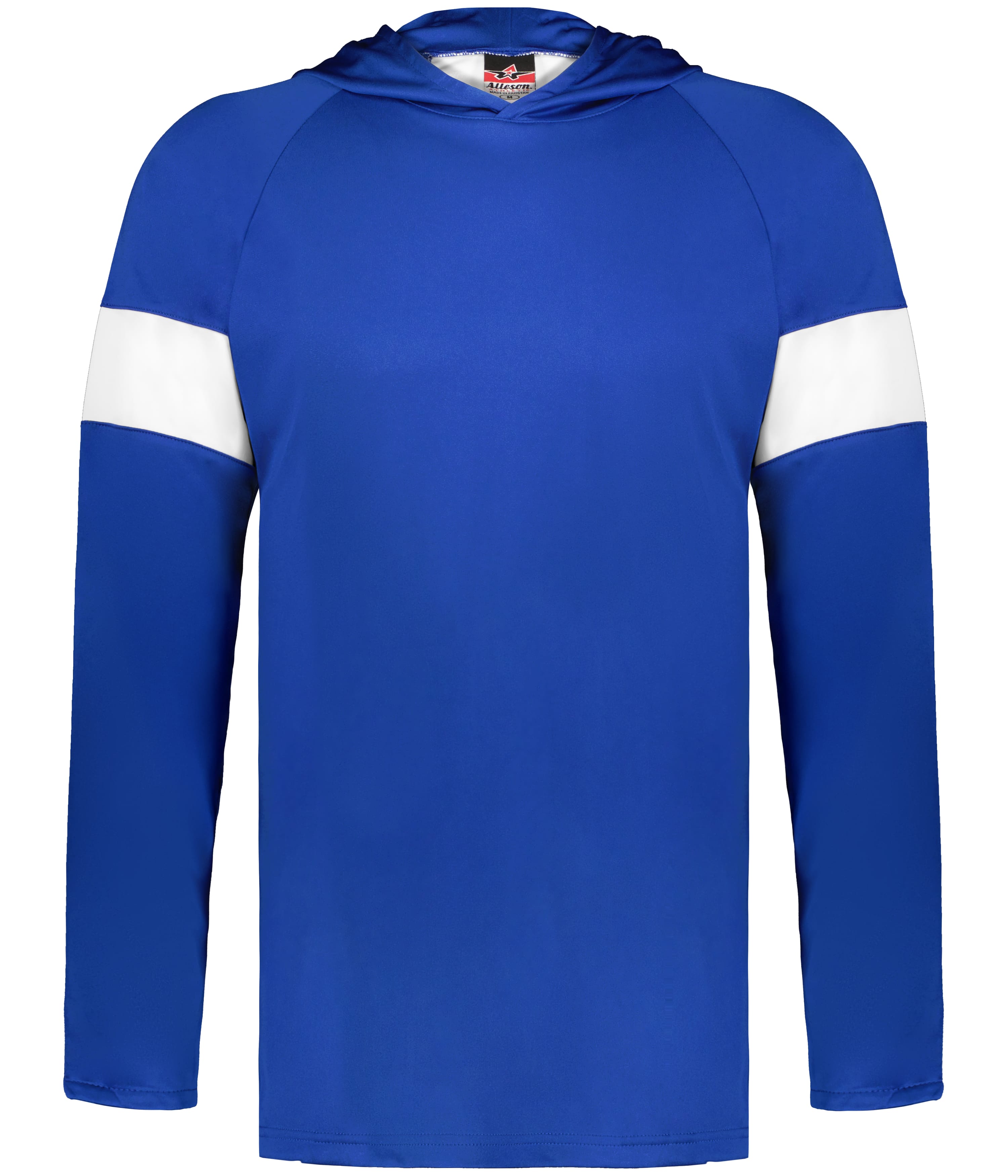 Royal blue long-sleeved hooded athletic shirt with horizontal white stripes on the upper arms and raglan sleeves.