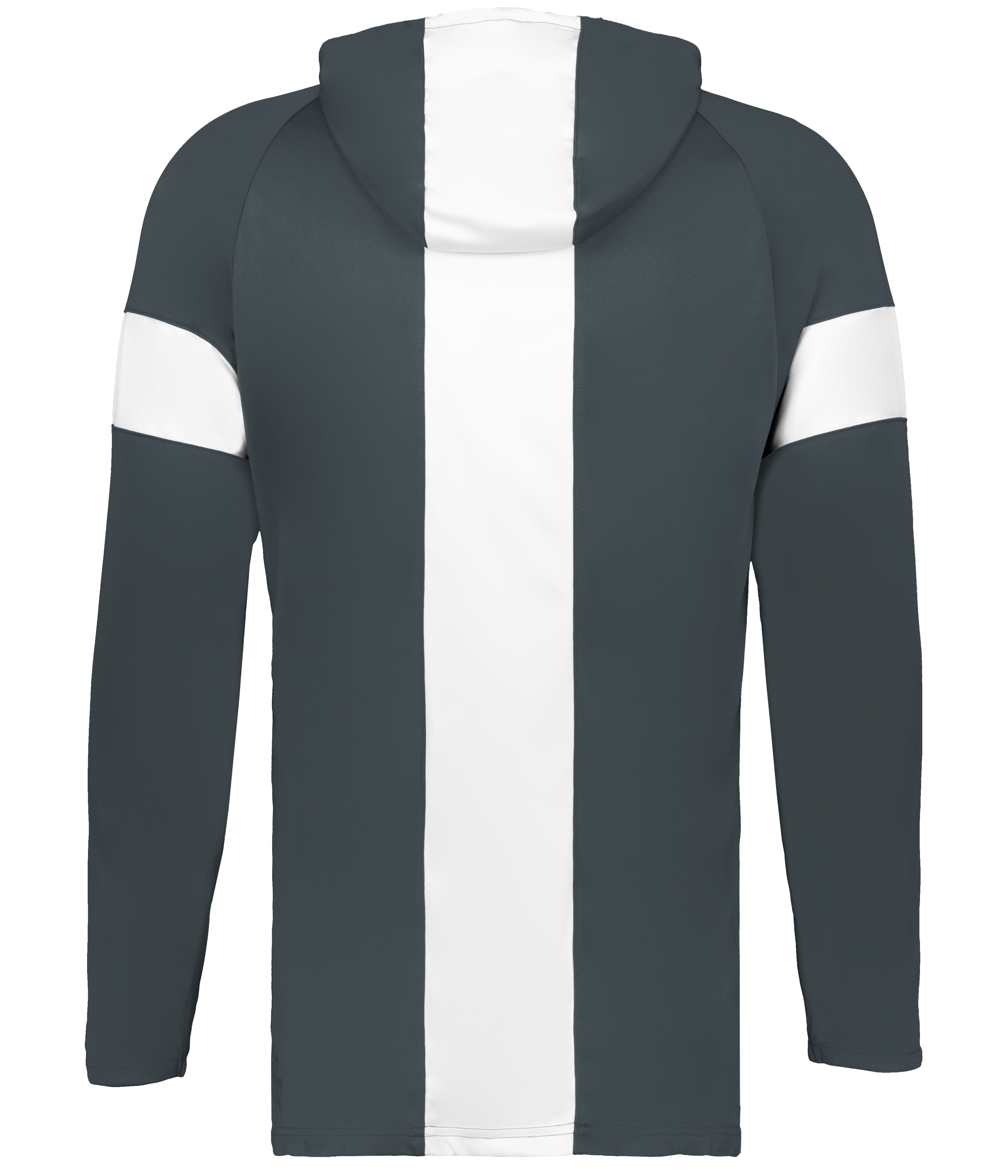 Back view of a charcoal gray long-sleeve hoodie featuring a thick white vertical stripe down the center and white horizontal bands on each arm.