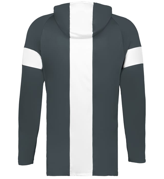 The back of a dark grey hoodie featuring a wide white vertical stripe down the middle and horizontal white bands on the upper arms.