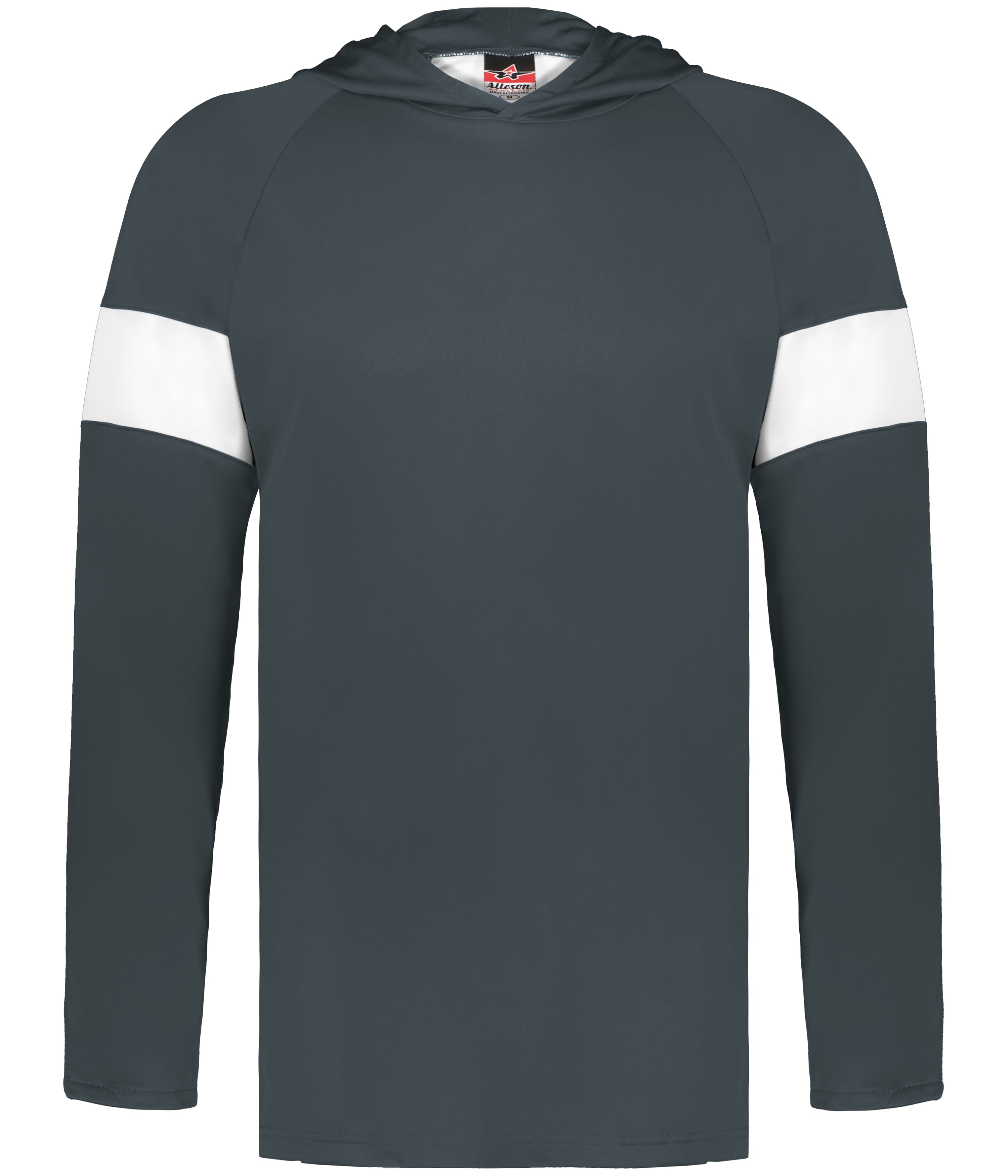 A dark grey long-sleeved hooded athletic shirt with thick white stripes on the upper arms.
