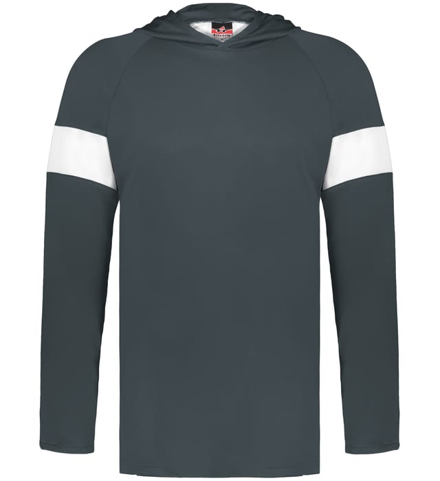A dark grey long-sleeved hooded t-shirt featuring a single white horizontal stripe on each upper arm.