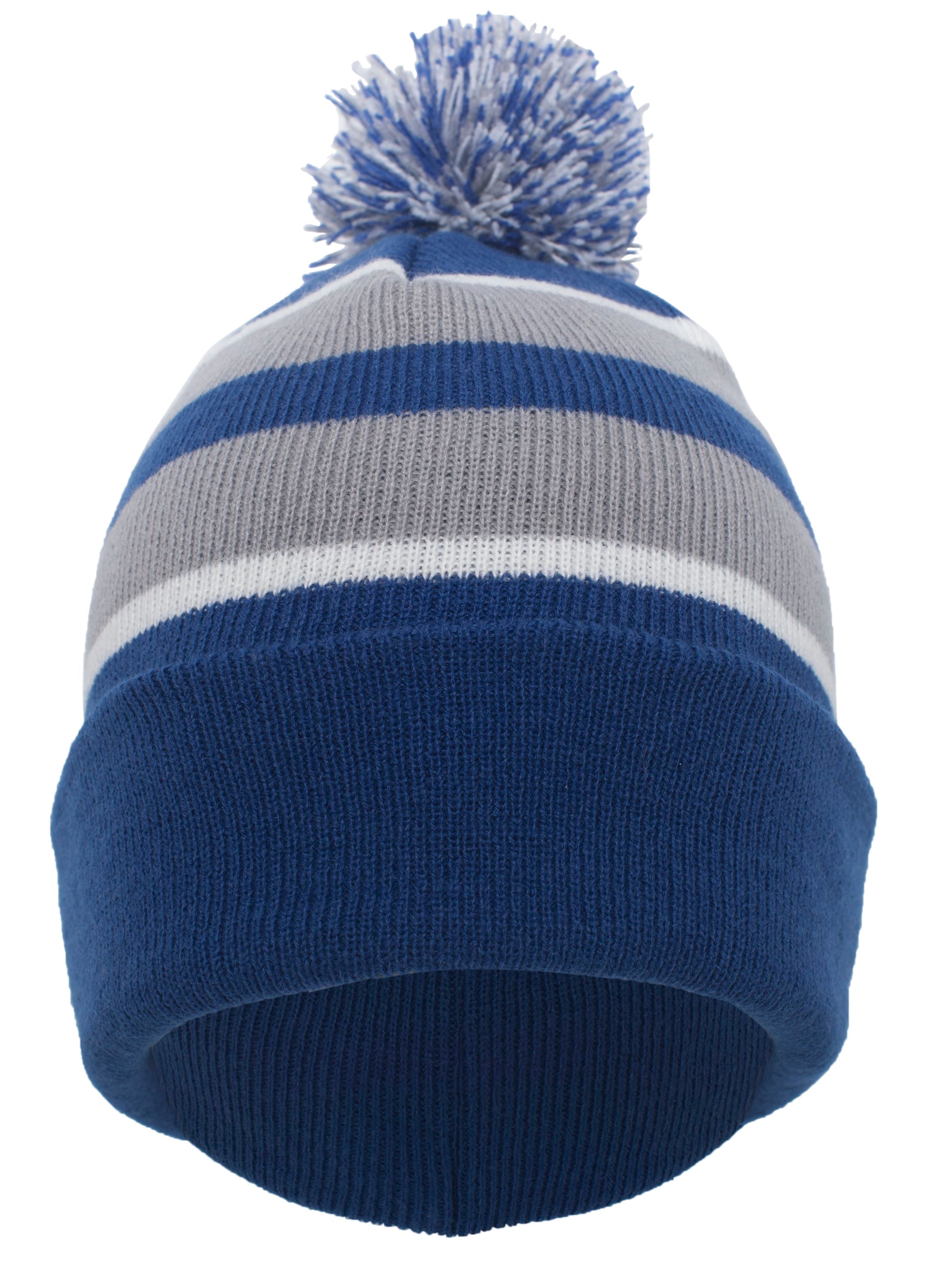 Pacific Headwear Knit Fold Over Pom Beanie- Heather/RoyalWhite