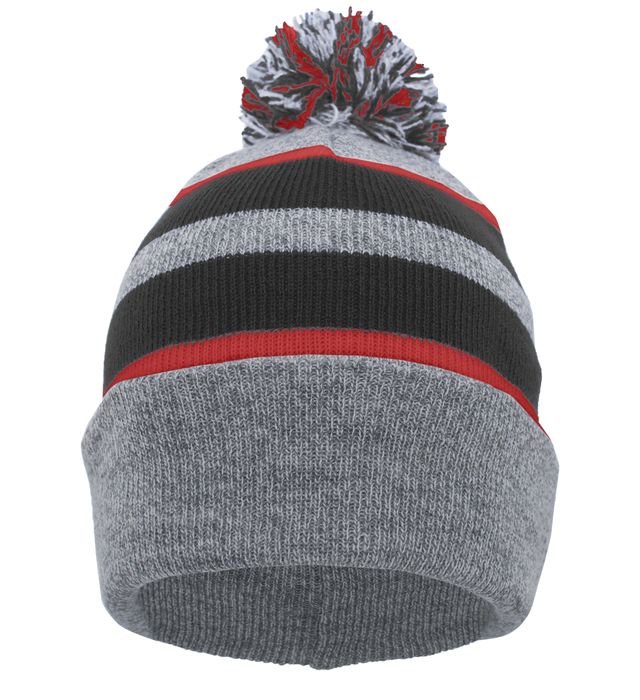 Gray cuffed knit beanie featuring black and red stripes and a multicolored pom-pom.