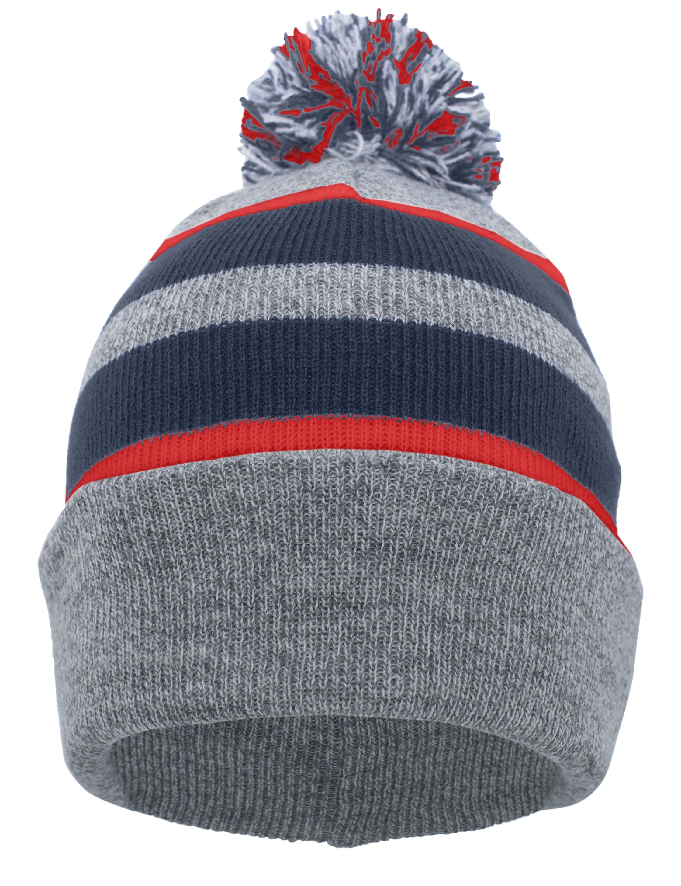 Gray knit beanie with navy blue and red horizontal stripes, a folded cuff, and a multi-colored pom-pom on top.