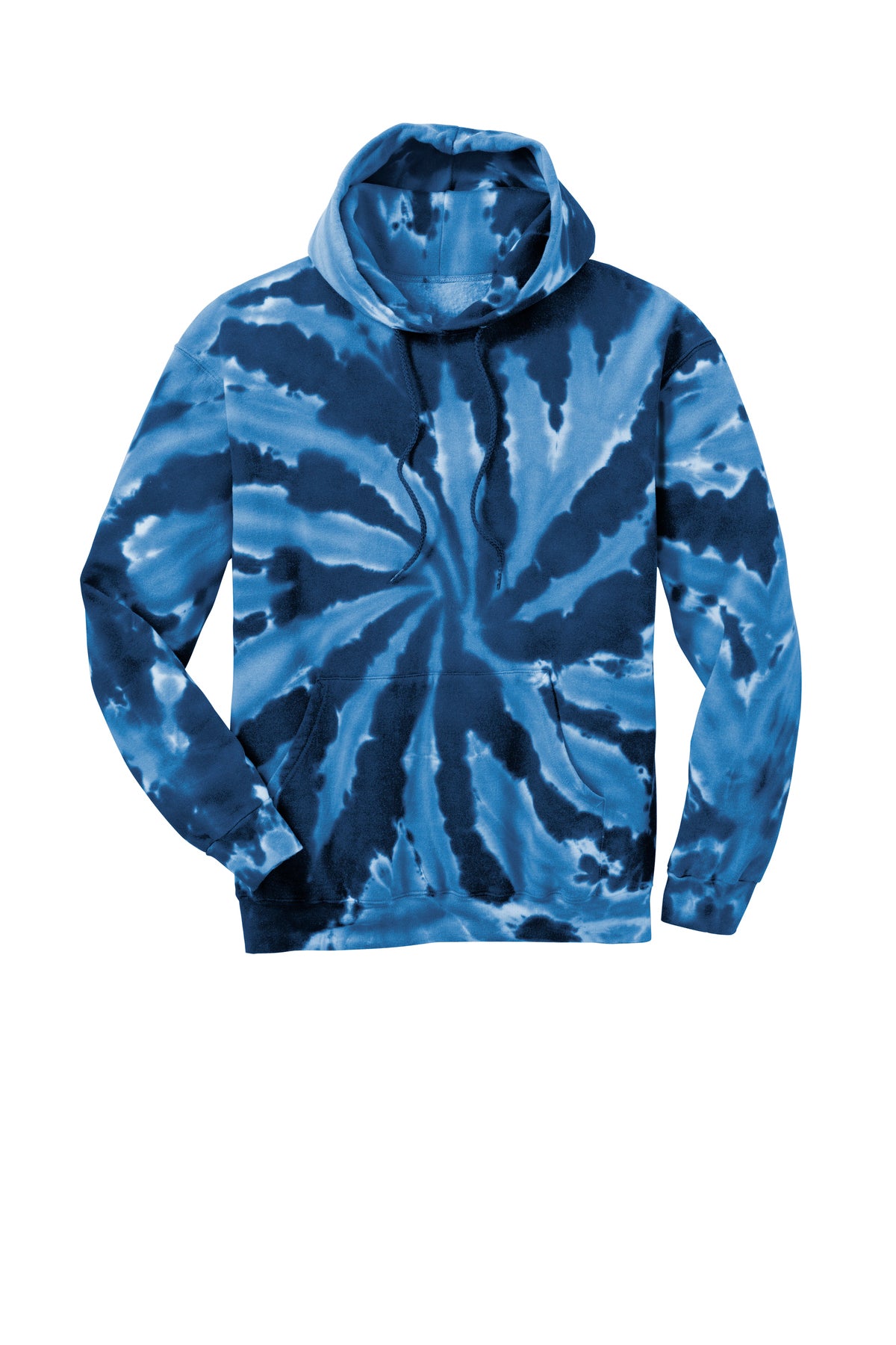 A long-sleeved hooded sweatshirt featuring a blue and white spiral tie-dye pattern.