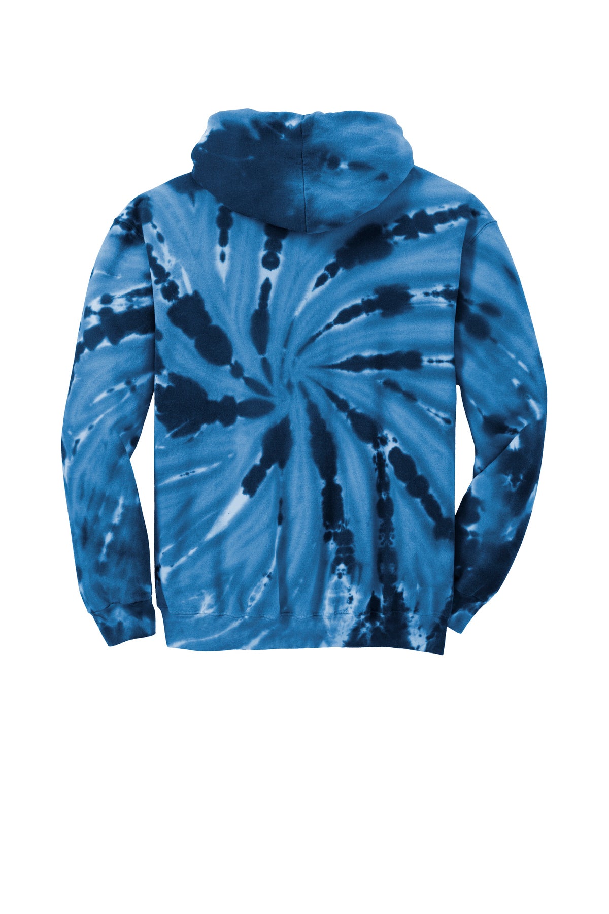 Back view of a long-sleeved hoodie with a blue and navy spiral tie-dye pattern.