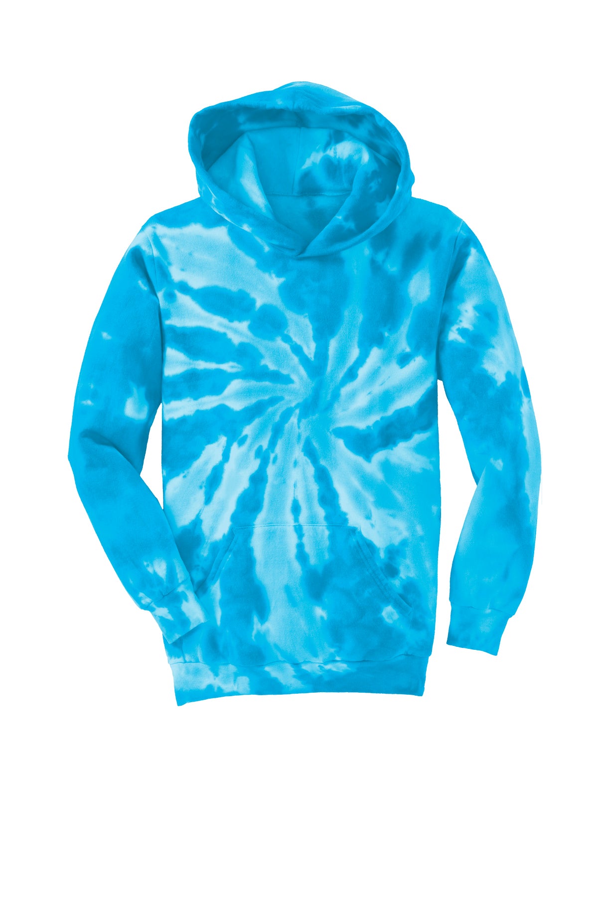 A blue and white spiral tie-dye hoodie with a front pouch pocket, isolated on a white background.