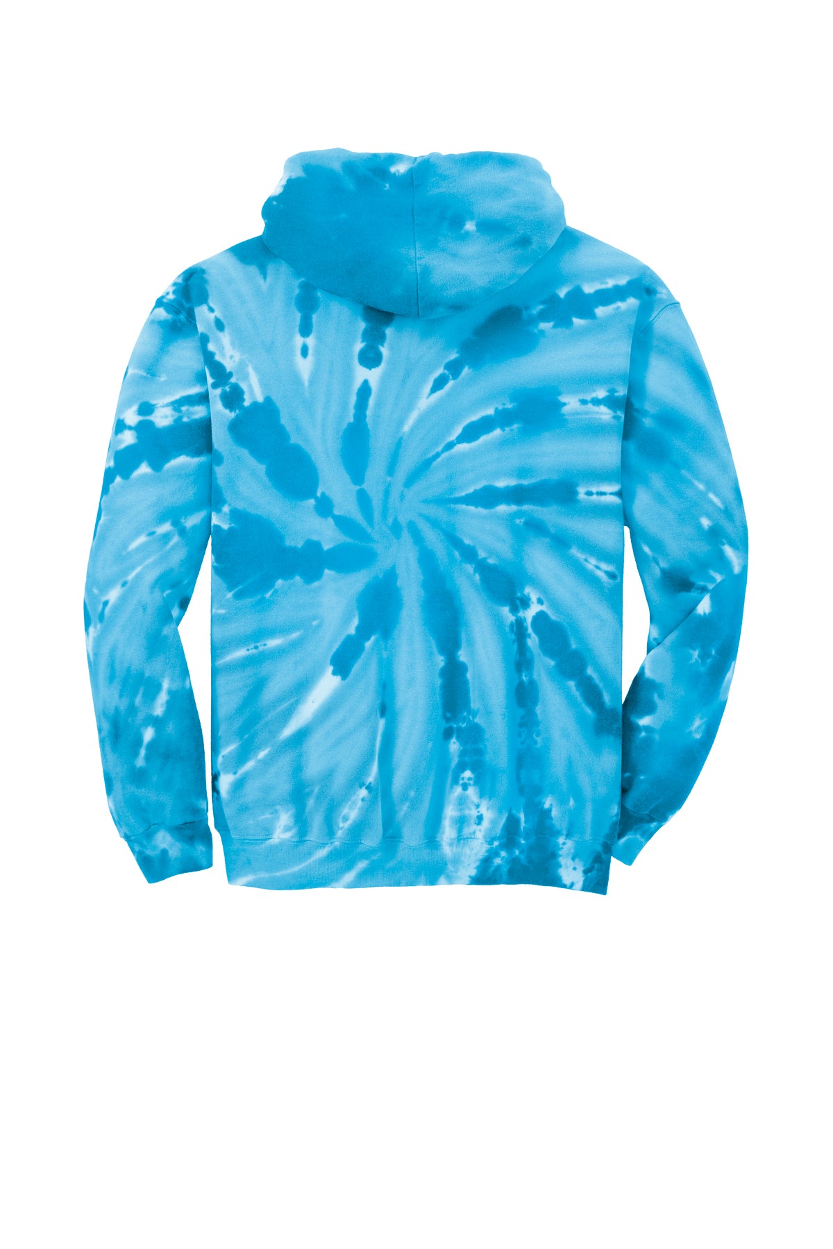 Back view of a light and dark blue tie-dye hoodie with a spiral pattern.