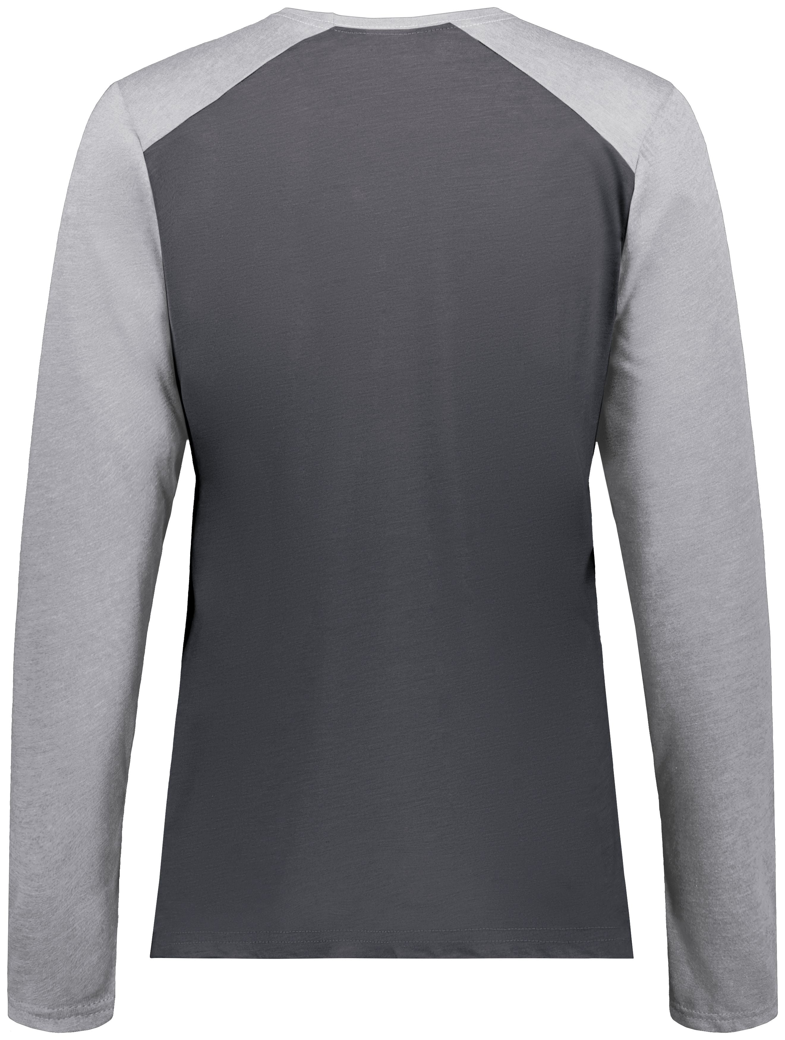 Back view of a two-tone long-sleeved raglan shirt with a charcoal grey body and light grey sleeves.