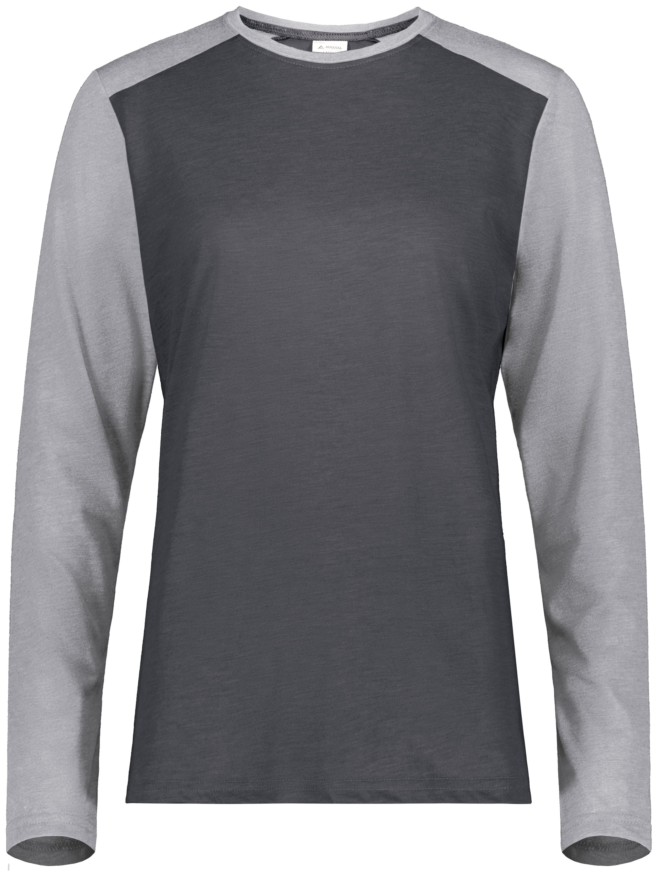 Long-sleeved baseball-style shirt with a dark grey torso and light grey raglan sleeves and collar.