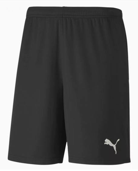 Black Puma athletic shorts with a white leaping cat logo on the lower left leg.