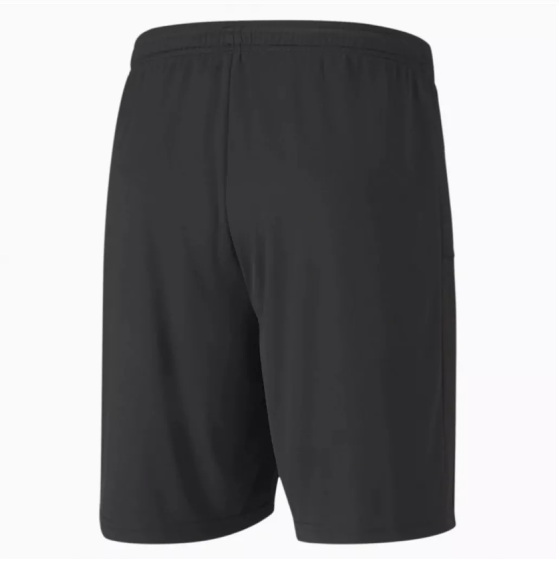 Back view of plain black athletic shorts with an elastic waistband.