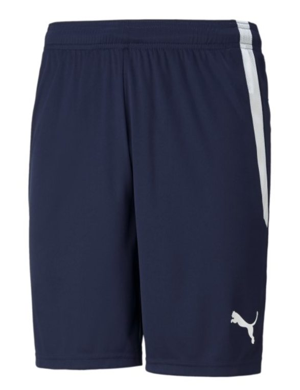 Navy blue Puma athletic shorts with an elastic waistband, a white vertical stripe down the side, and a white cat logo on the lower right leg.