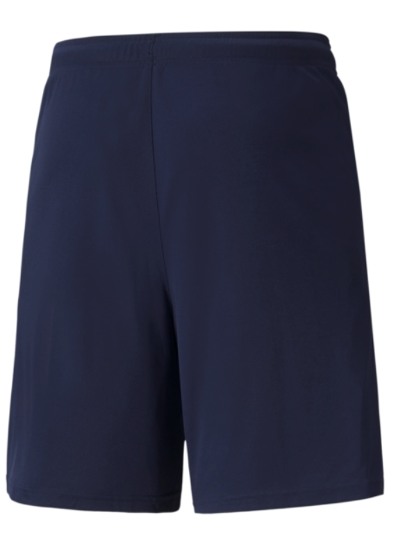A pair of plain navy blue athletic shorts with an elastic waistband.