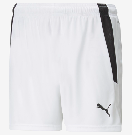 White Puma athletic shorts featuring black side panels and a black Puma logo on the lower right leg.