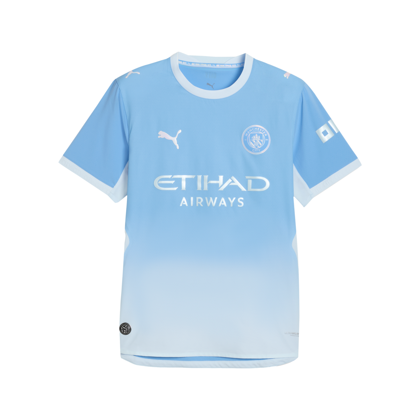 Manchester City light blue football jersey with a gradient fade to white. Features the club crest, Puma logo, and silver Etihad Airways sponsor text.