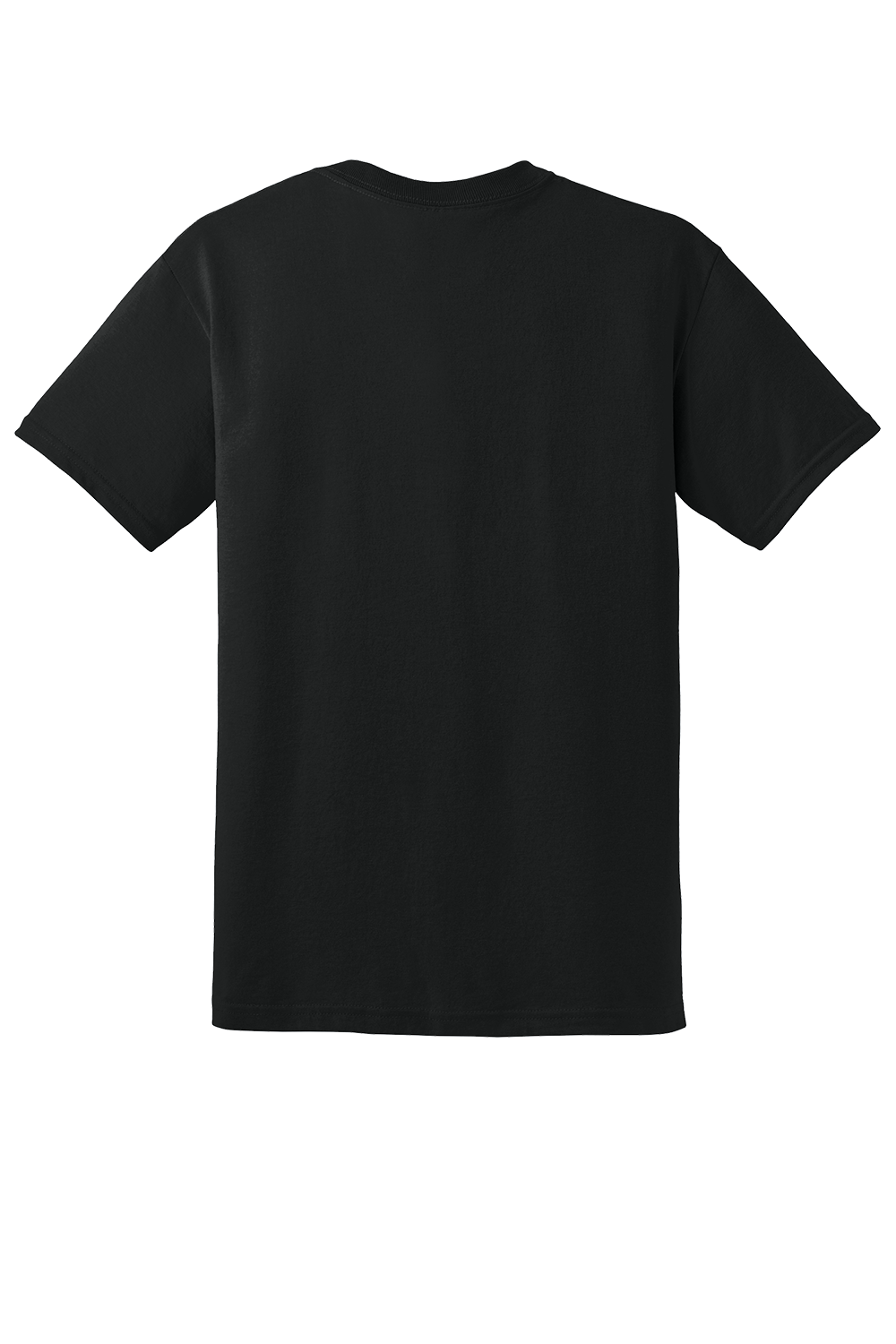 Back view of a plain, short-sleeved black t-shirt displayed against a white background.