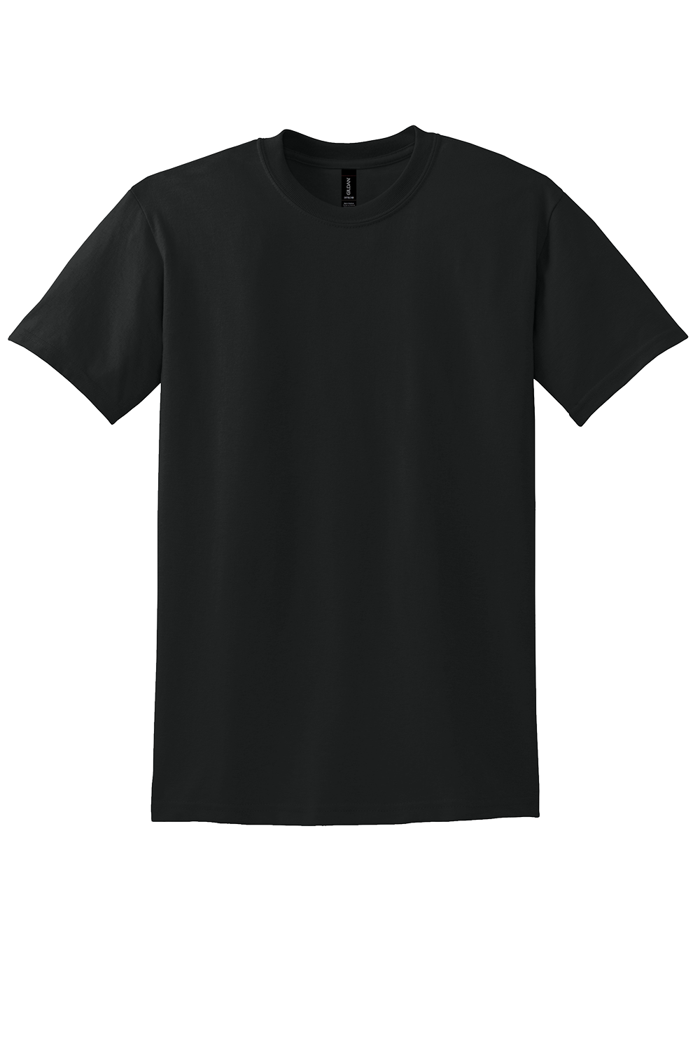 Plain black short-sleeved crew neck t-shirt, front view, isolated on a white background.