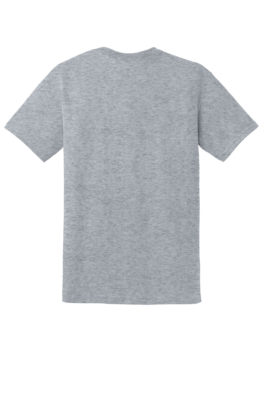 The back view of a plain, heather gray short-sleeved crewneck t-shirt.