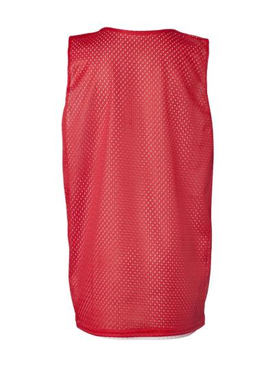 Back view of a red mesh sleeveless sports jersey or scrimmage vest.