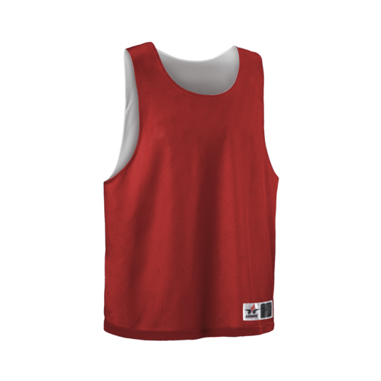 Red reversible sleeveless basketball jersey with white lining and a small logo tag at the bottom hem.