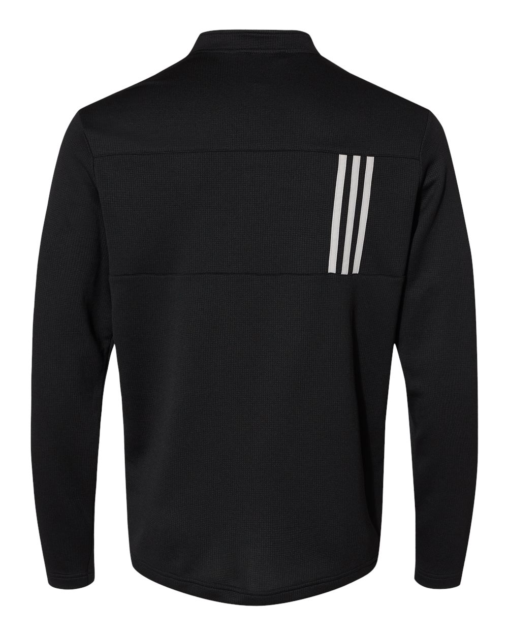 Back view of a black, textured long-sleeve shirt with three vertical grey stripes on the upper right back.