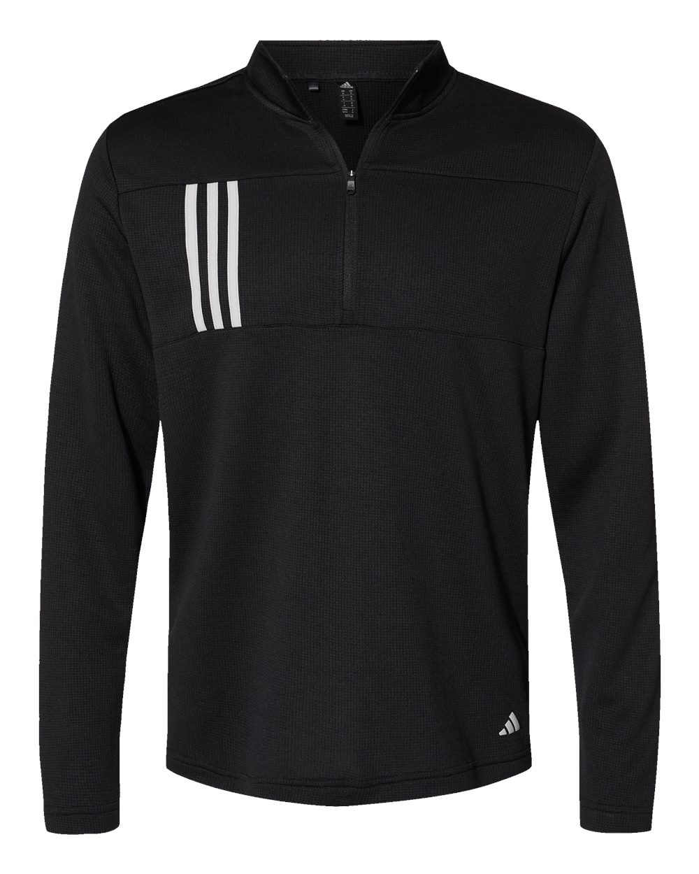 Black Adidas quarter-zip long-sleeve shirt with three white vertical chest stripes, a small bottom logo, and a subtle textured fabric pattern.