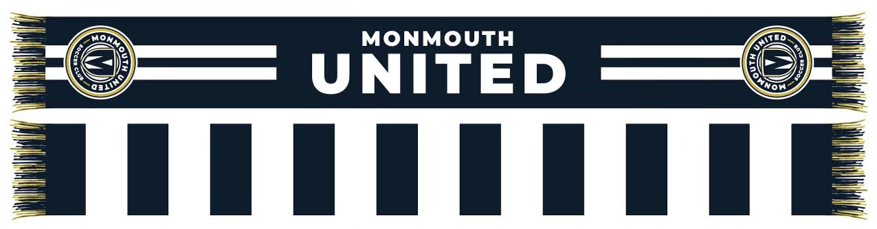 Scarf design for Monmouth United Soccer Club in navy and white. One side shows the club name and logos; the other side has vertical stripes. Finished with gold and navy fringe.