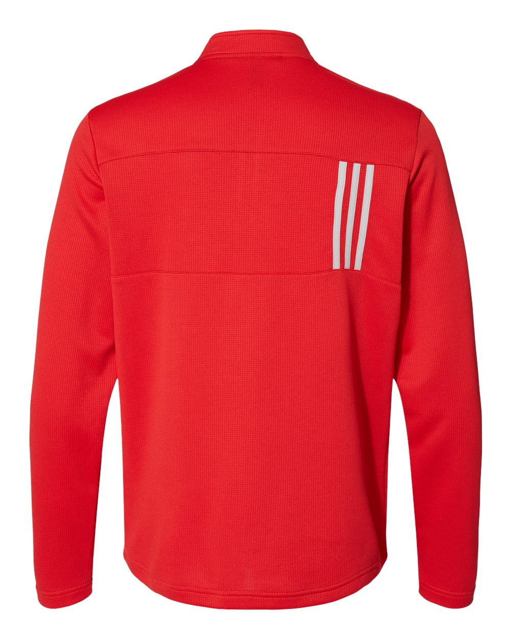 Back view of a textured red long-sleeve athletic shirt featuring three vertical white stripes on the right shoulder and a horizontal seam across the upper back.