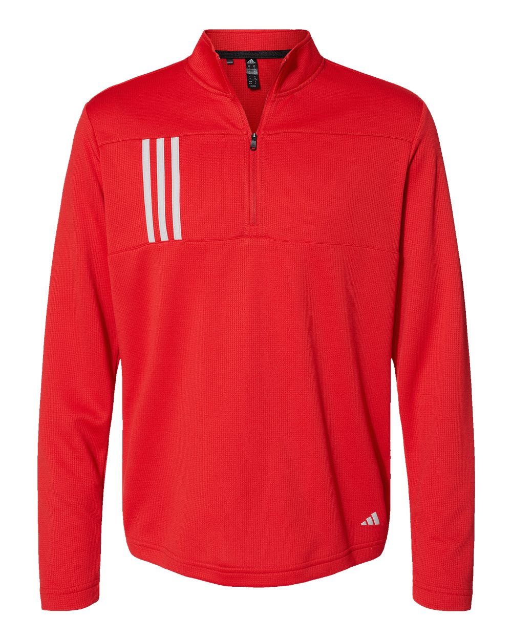 A bright red Adidas long-sleeve quarter-zip pullover with three vertical white stripes on the right chest and a small white logo near the bottom left hem.
