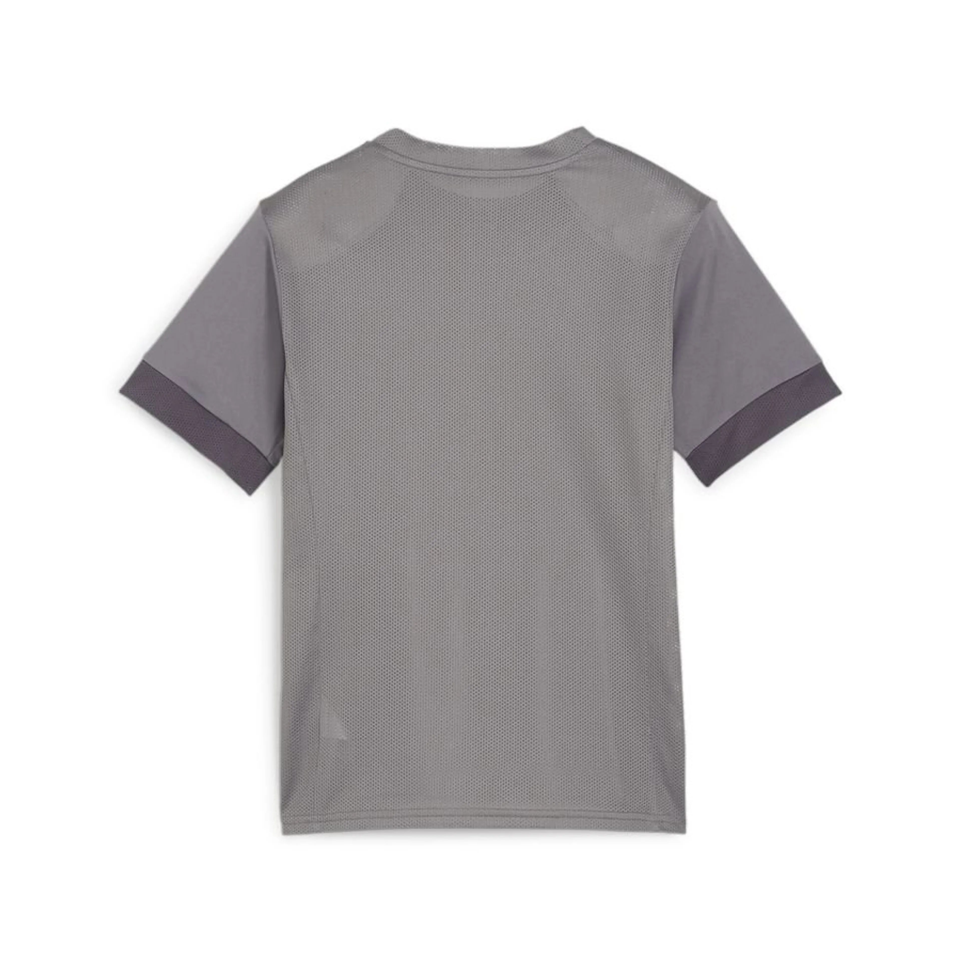 Back view of a grey short-sleeved athletic t-shirt with a breathable mesh back panel and dark grey mesh accents on the sleeve cuffs.