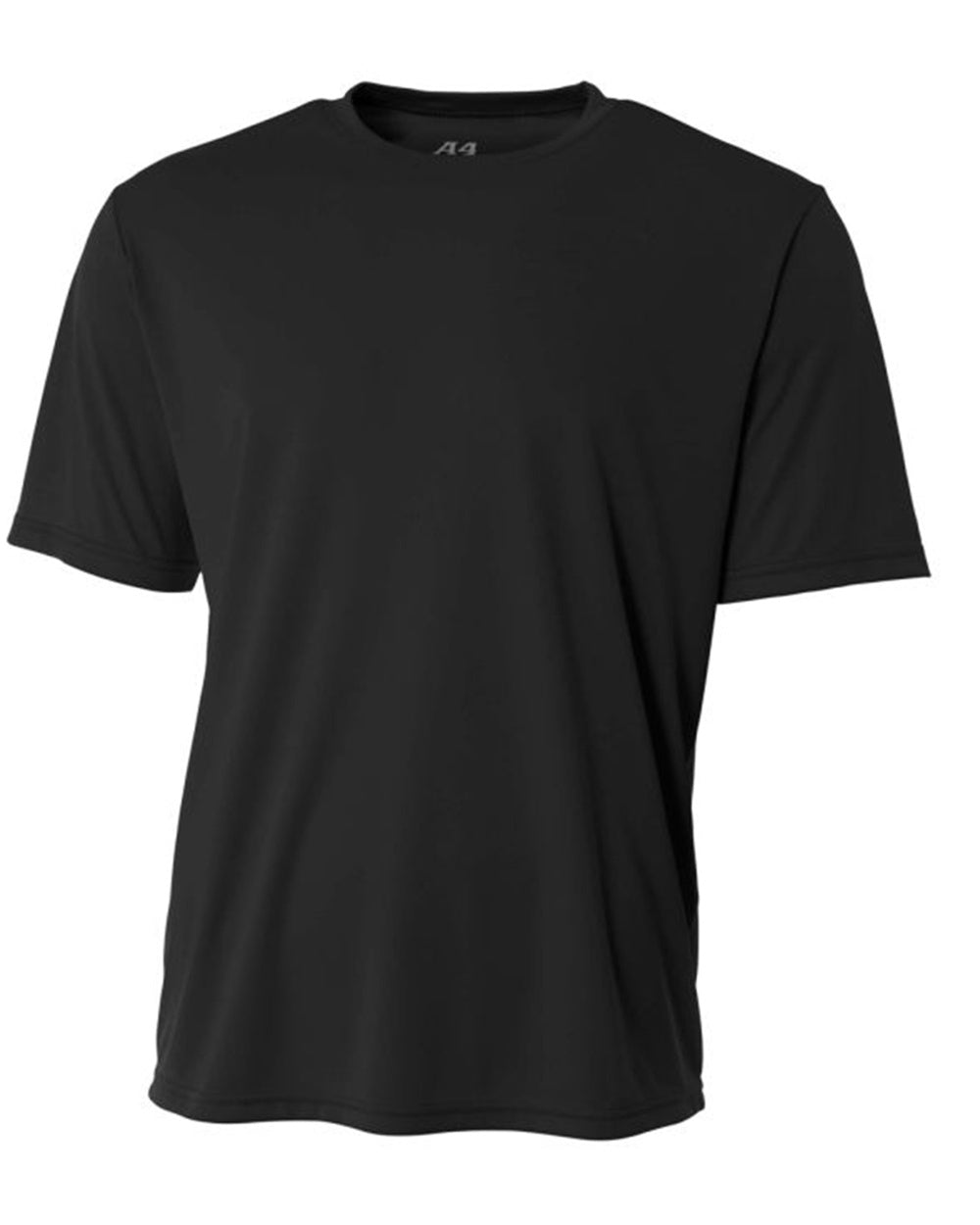 A plain black short-sleeved crew neck performance t-shirt displayed against a white background.