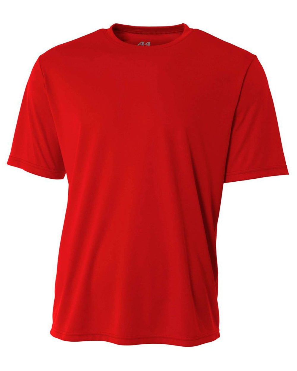 A bright red, short-sleeved crew neck athletic t-shirt.