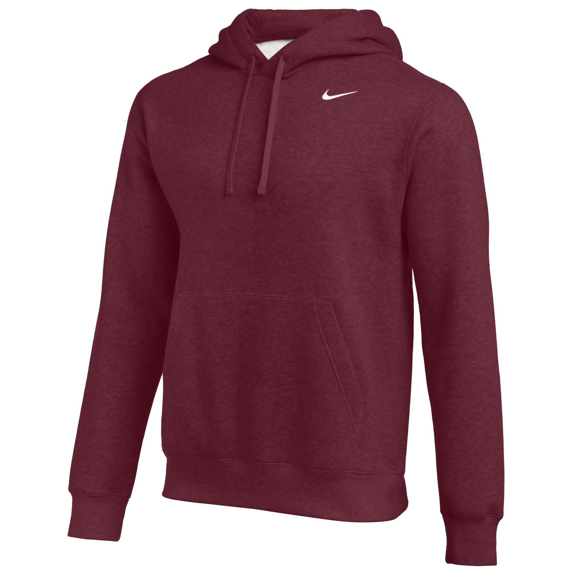 A maroon Nike hoodie with a white swoosh logo, kangaroo pocket, and drawstrings.