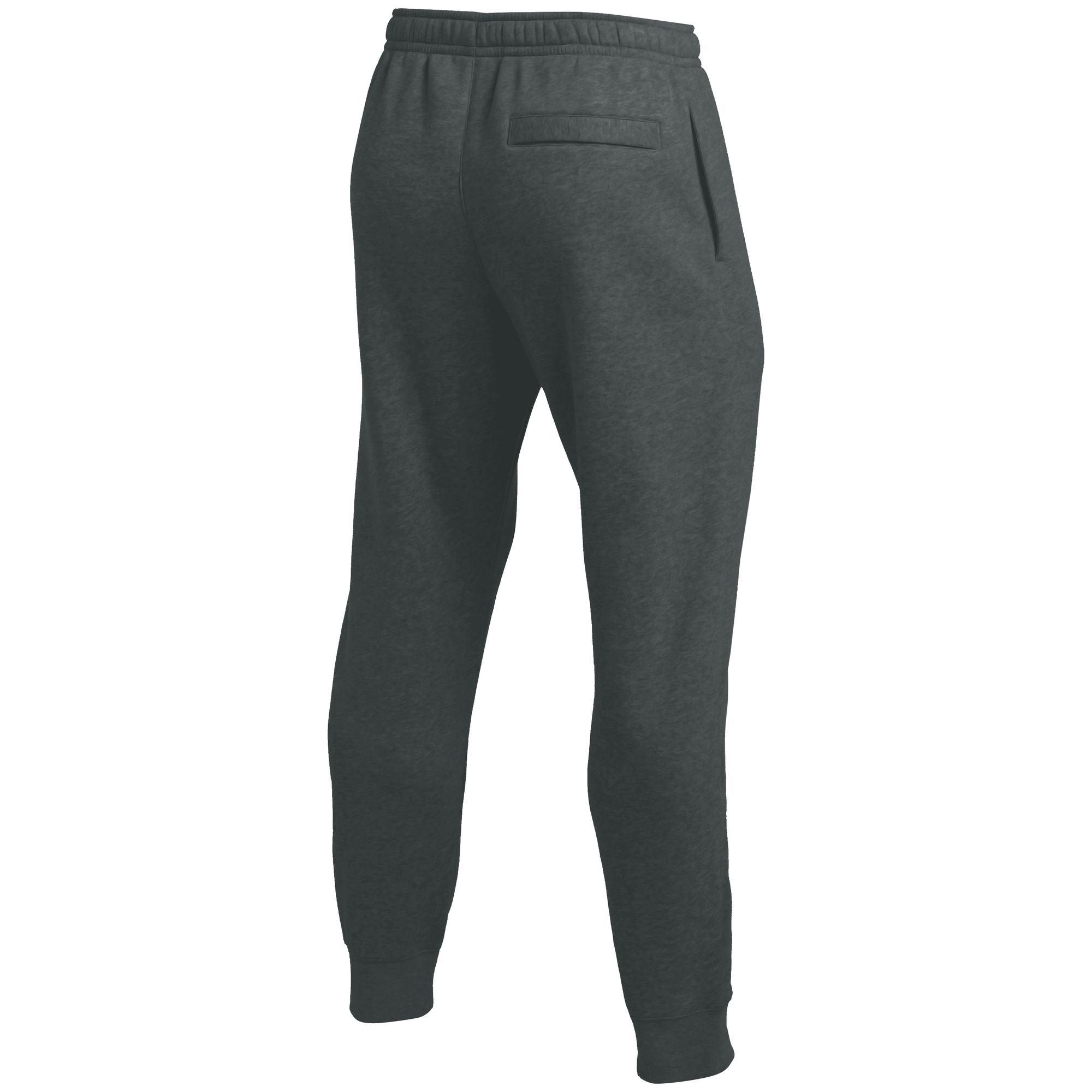 Rear view of dark gray heathered jogger sweatpants with an elastic waistband and cuffs, featuring a single back welt pocket.