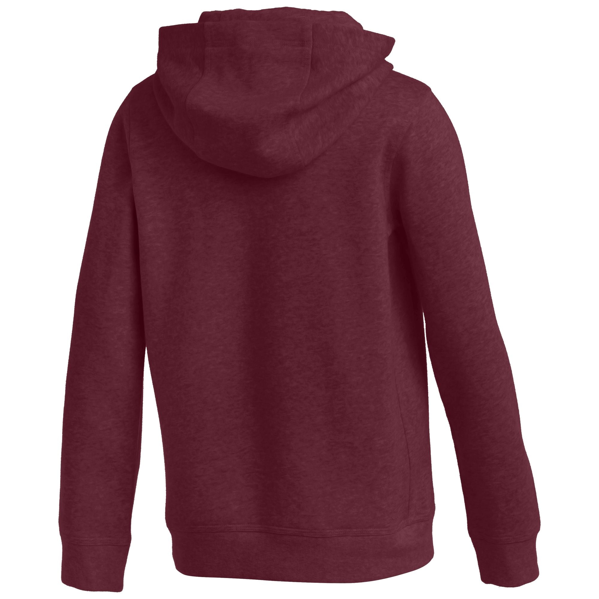 Back view of a maroon heathered hoodie with long sleeves and a ribbed hem.