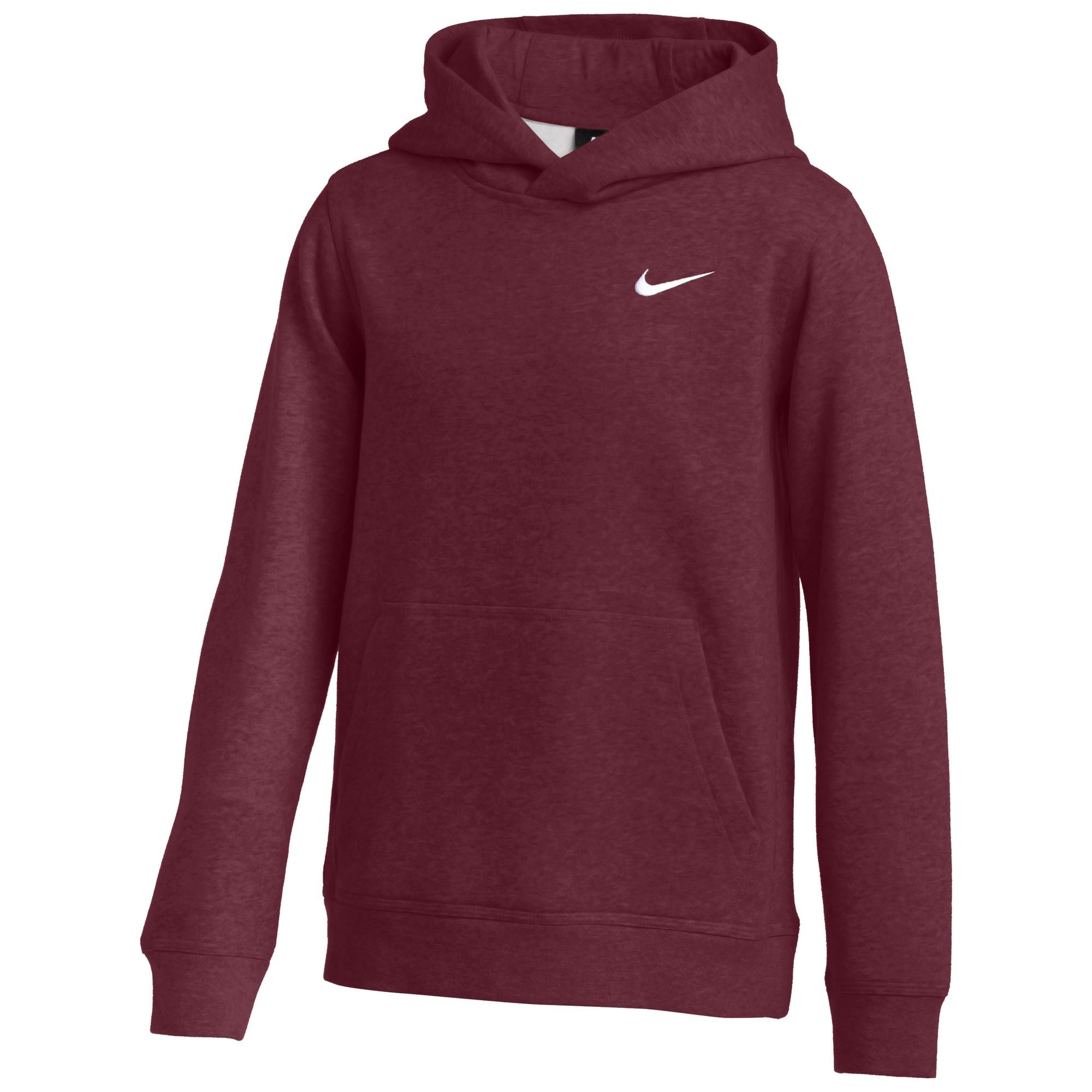 A maroon heathered Nike hoodie with a white swoosh logo on the chest and a front kangaroo pocket.