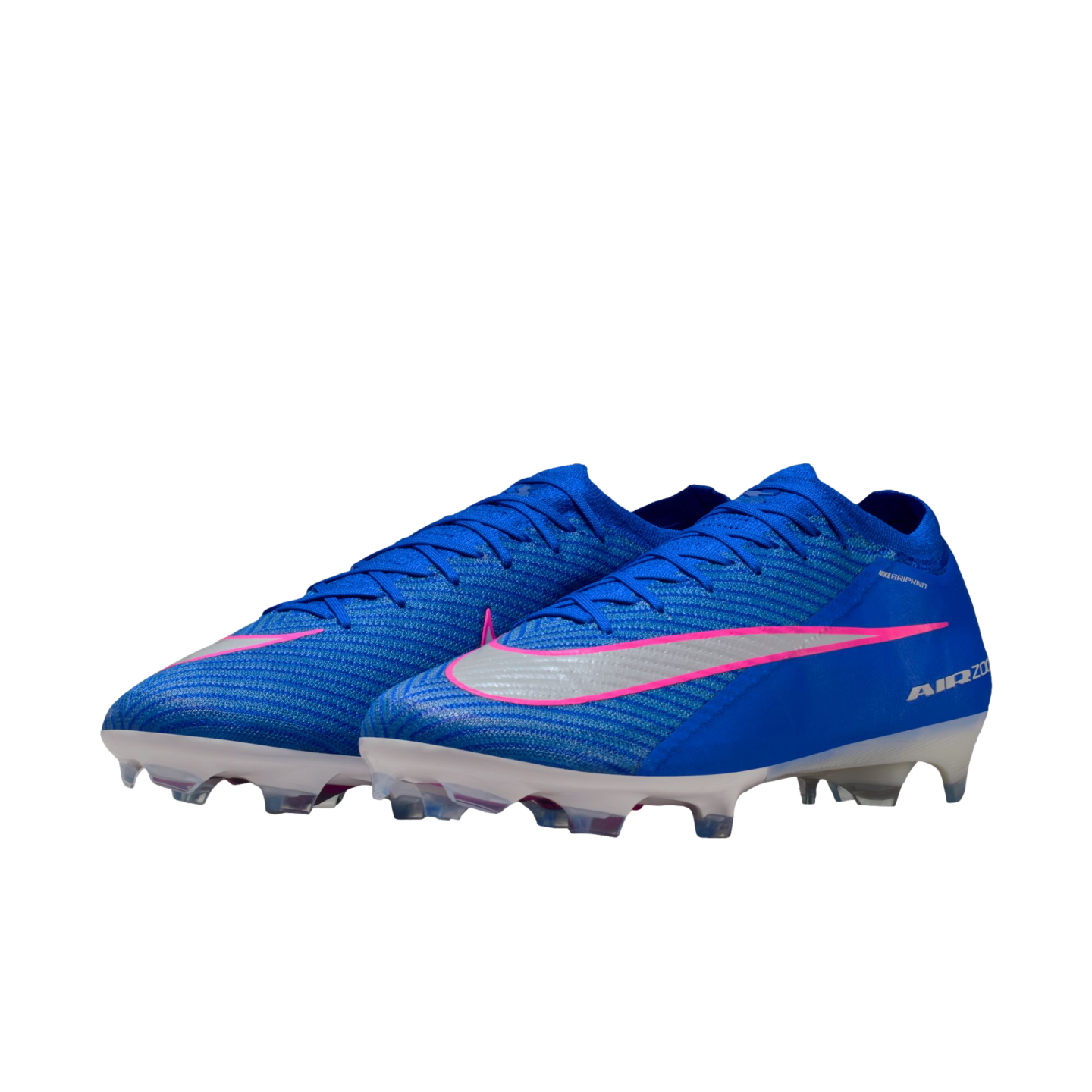 A pair of blue Nike soccer cleats featuring a silver and pink Nike swoosh and "AIR ZOOM" branding on a black background.