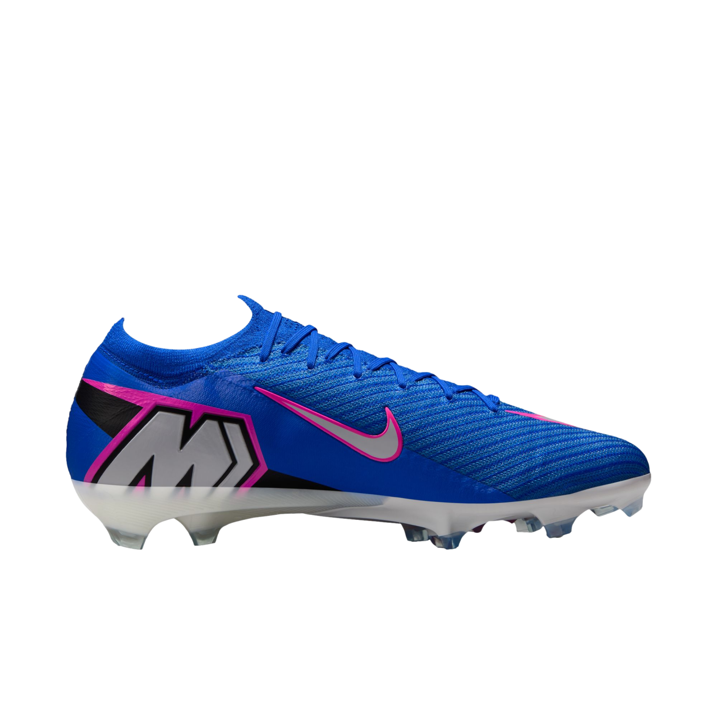 A side profile of a bright blue Nike soccer cleat with a pink-trimmed silver swoosh and a large "M" logo on the heel, set against a black background.