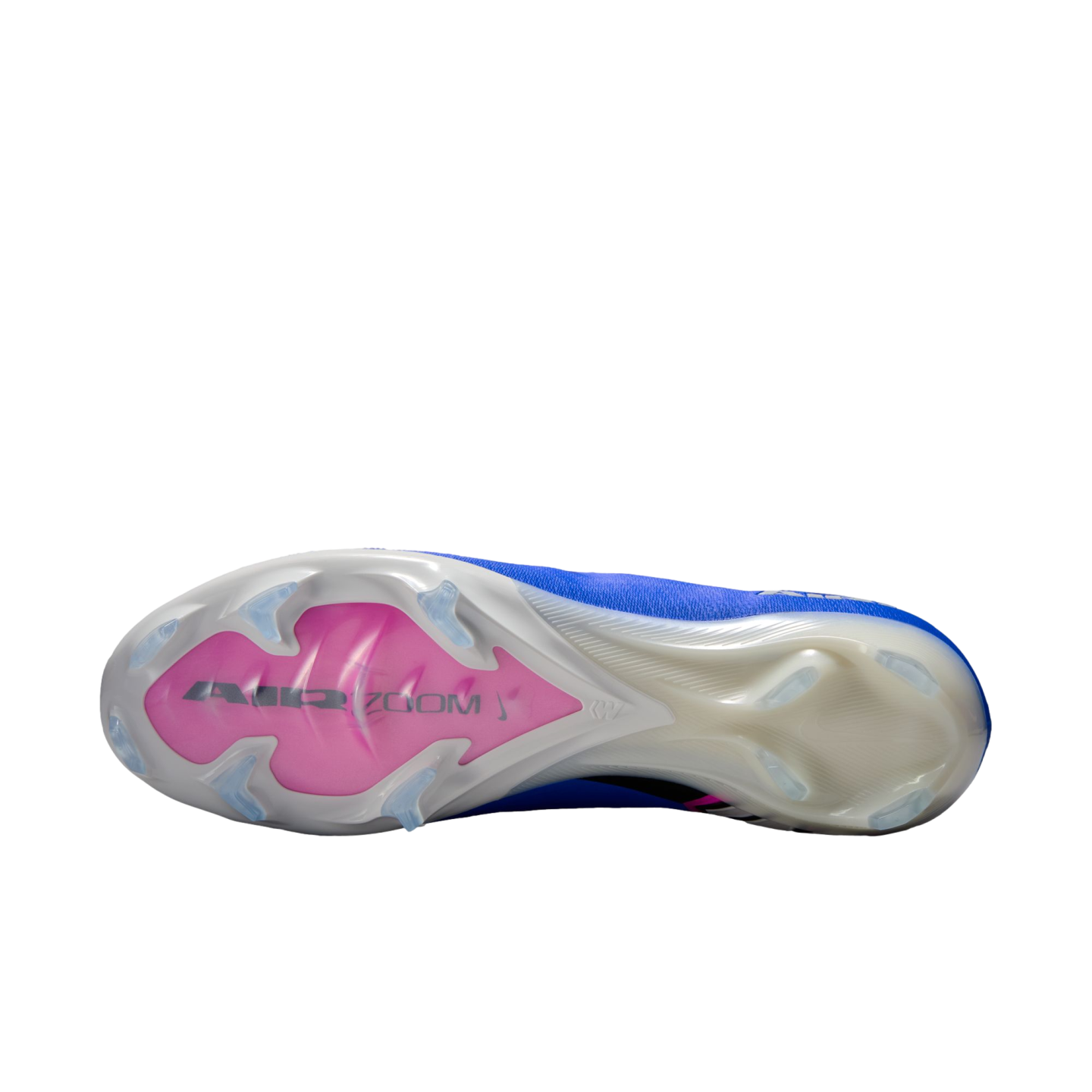 Underside of a blue soccer cleat featuring a white soleplate with a pink Air Zoom logo and clear studs.