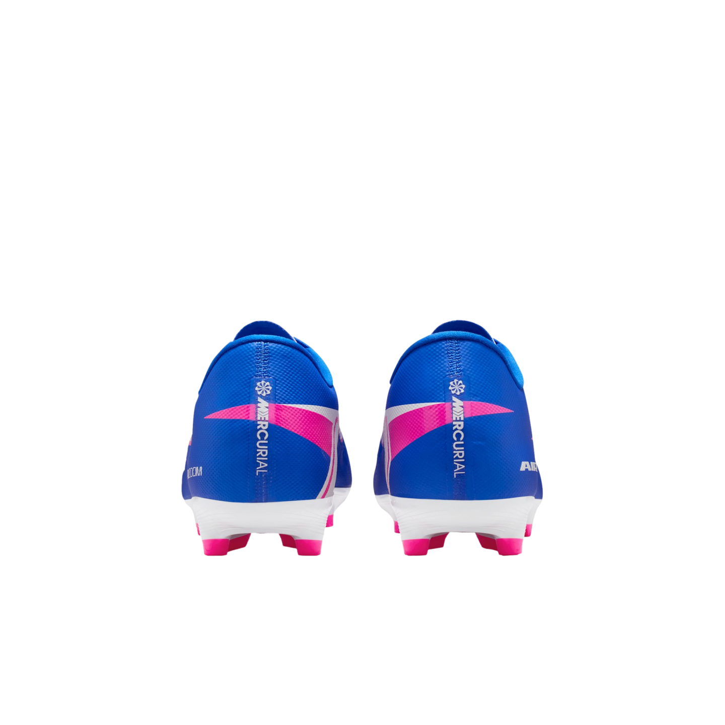 Rear view of bright blue Nike Mercurial soccer cleats with pink studs and white soles, featuring "MERCURIAL" branding on the heels against a black background.