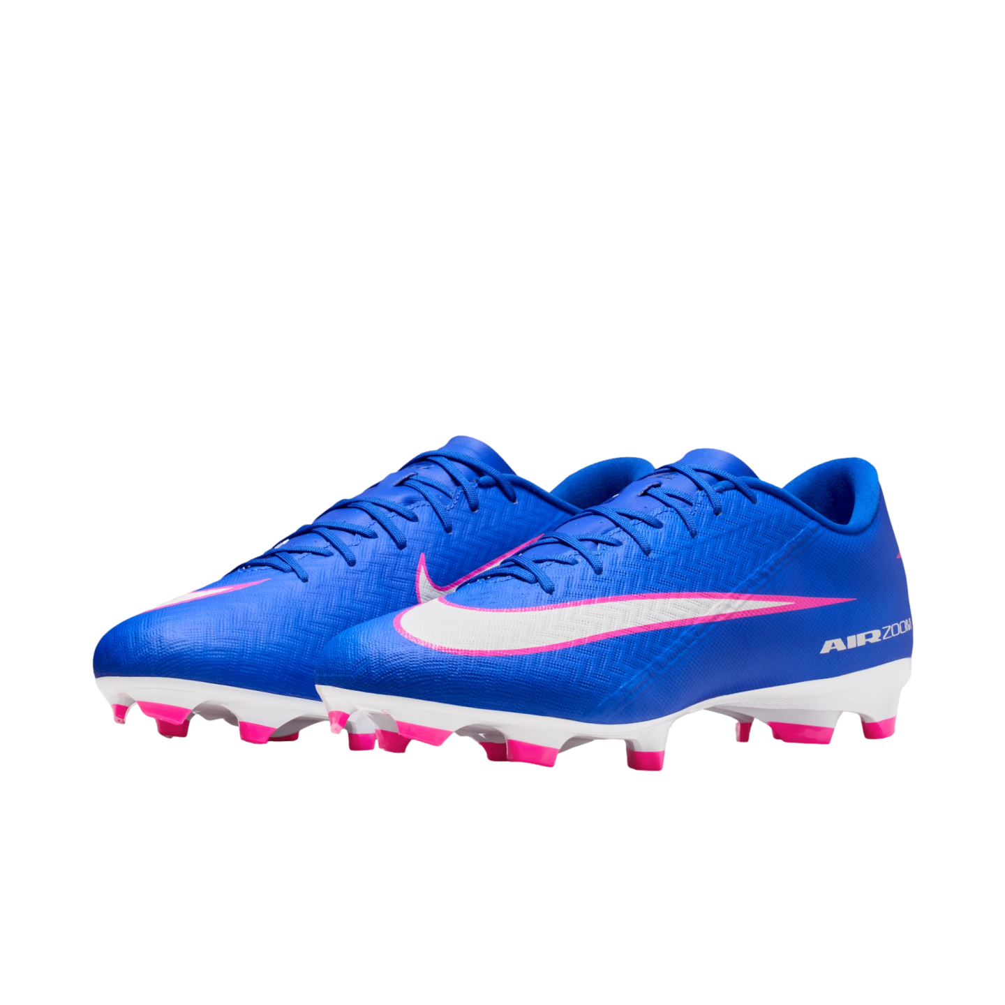 A pair of bright blue Nike soccer cleats with white swooshes outlined in pink, white soles, and pink studs, displayed against a black background.