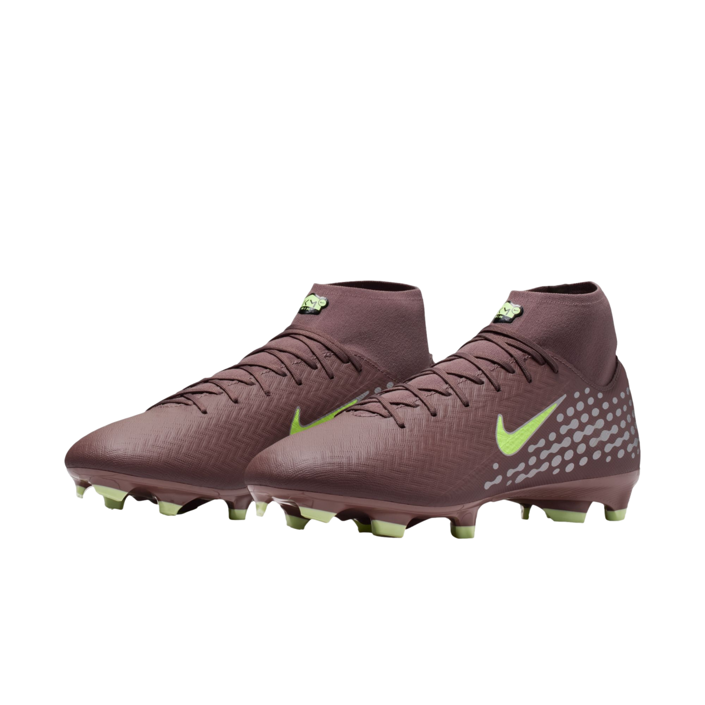 A pair of maroon Nike high-top soccer cleats with lime green accents on the Swoosh logo and studs.